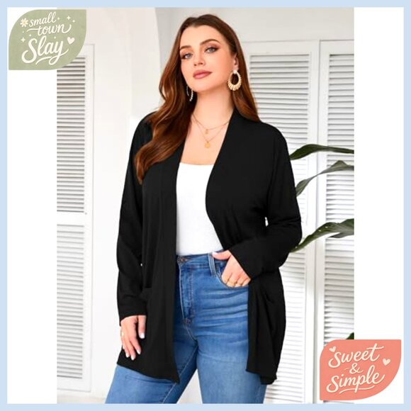 Plus Size Lightweight Open Front Cardigan Long Sleeve Cover Up Kimono - Picture 5 of 5